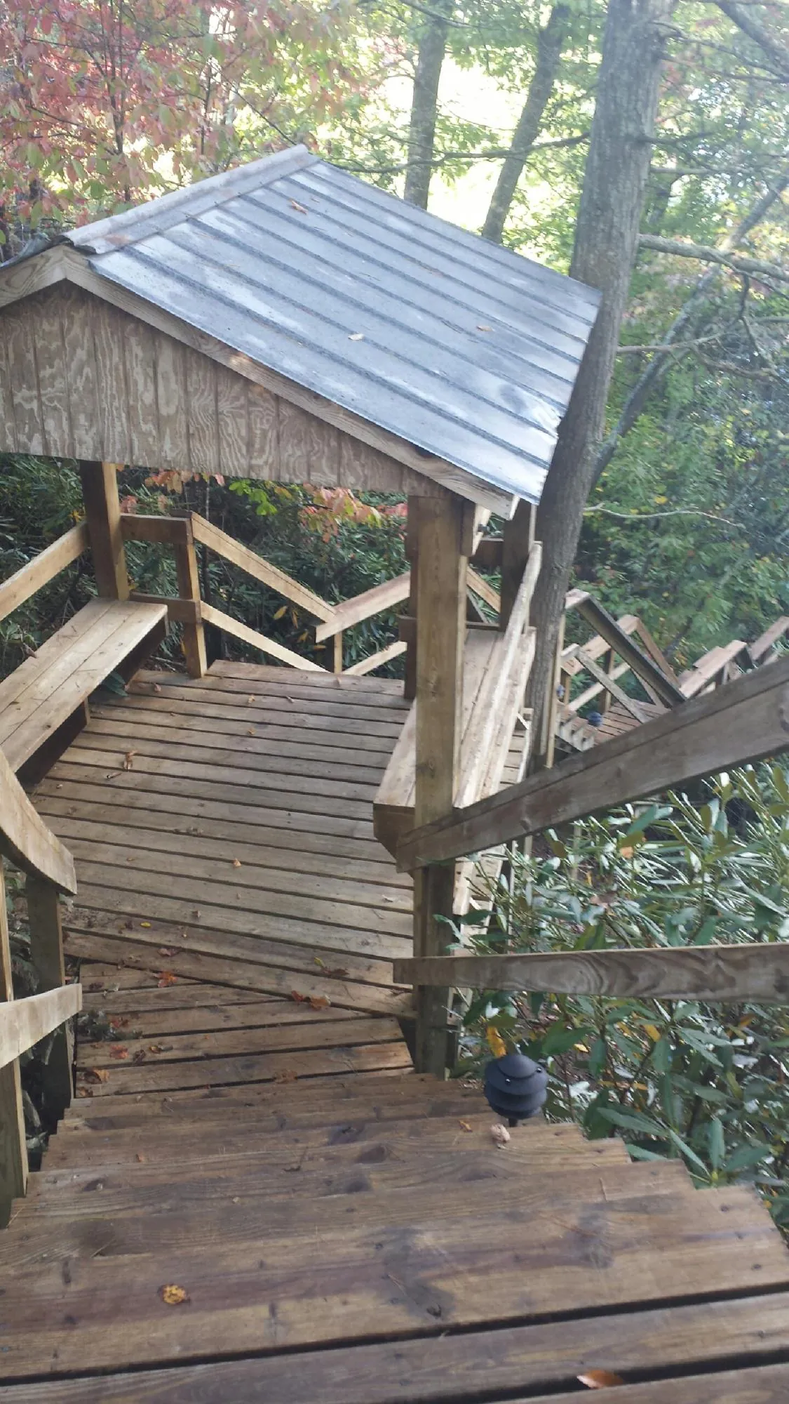 Metal roofed shelter over wooden steps on a wooded walkway — Skylight Repair & Installation work by our crew in Mirror Lake